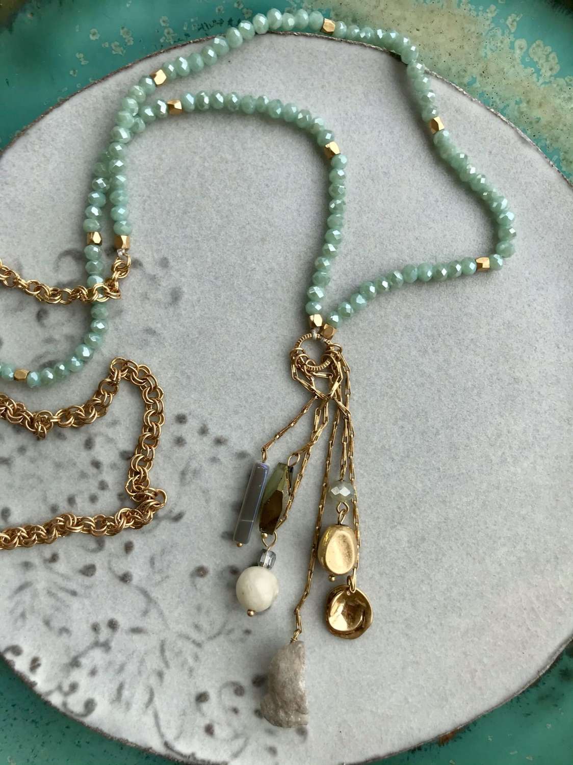 Long charm necklace - duck egg/gold